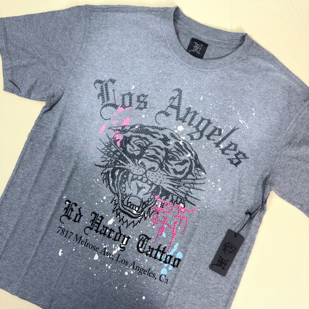 Ed Hardy T Shirt Mens Medium Gray Rhinestone Tiger Graphic Streetwear NWT